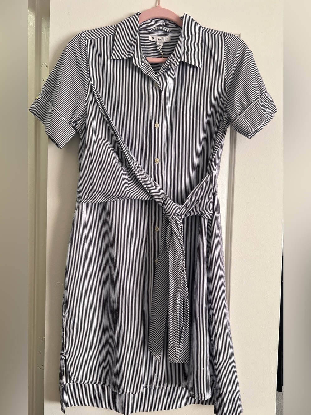 Free Assembly Blue & White Striped Shirt Dress Tie Waist with pockets Size Small